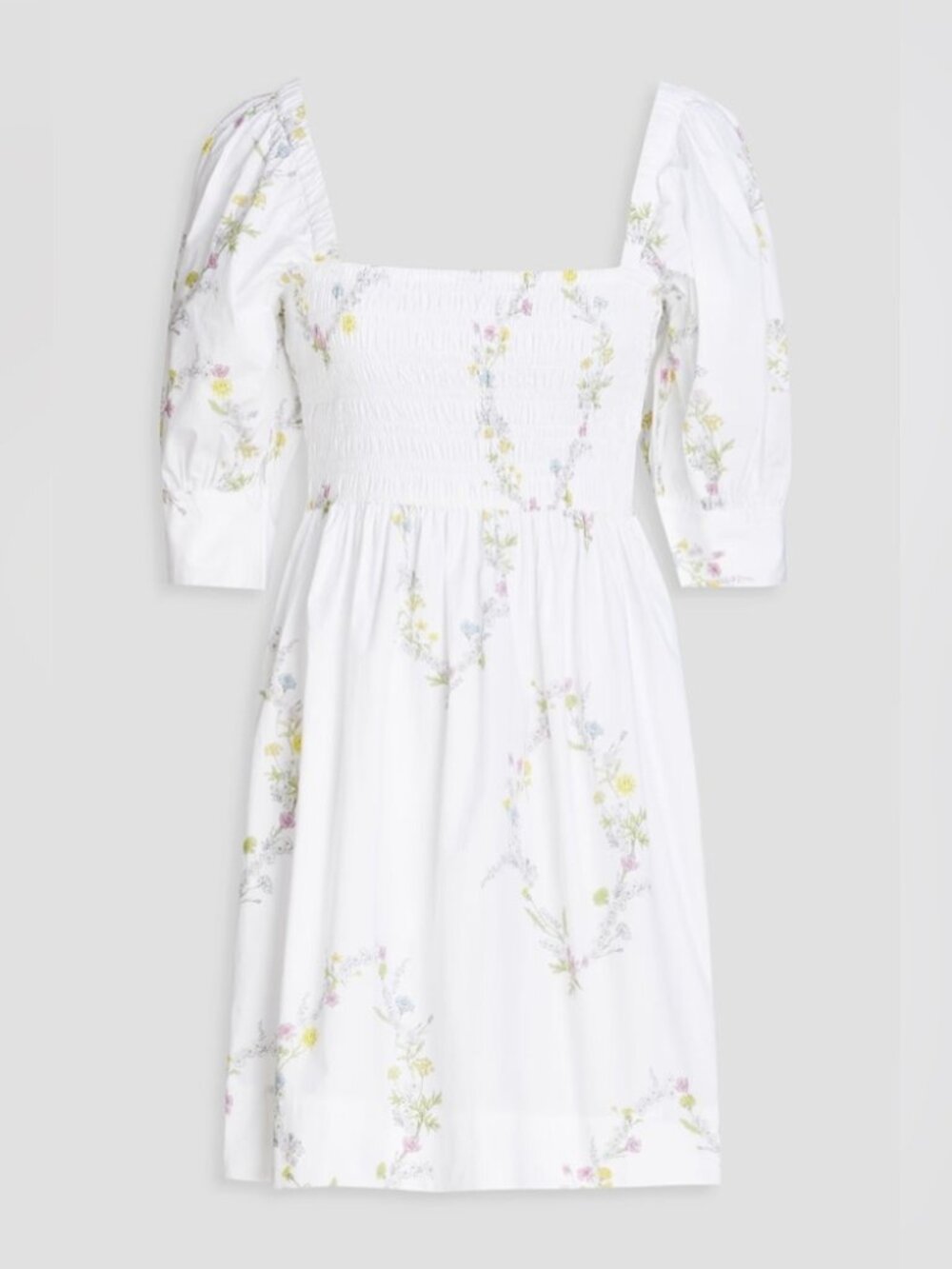 GANNI Floral Poplin Shirred Mini Dress White Square Neck Puff Sleeve 32 XS